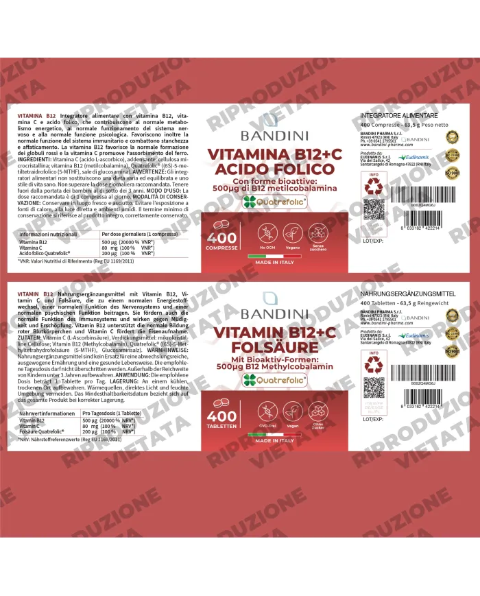 Vitamina B12 + Acido folico + Vitamina C - 400 compresse